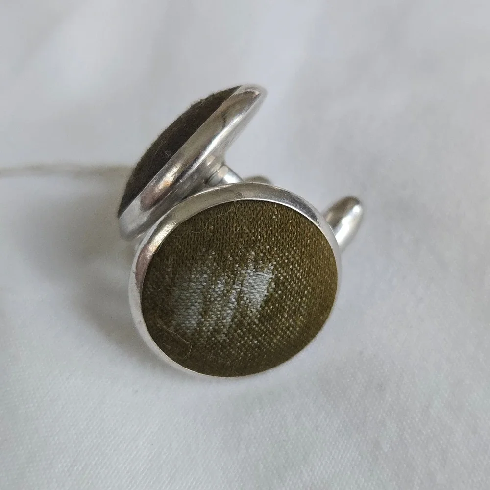 VTG Fabric Inlay Brown‎ Cufflinks OS Mens Round Formal Dapper Retro Mid Century